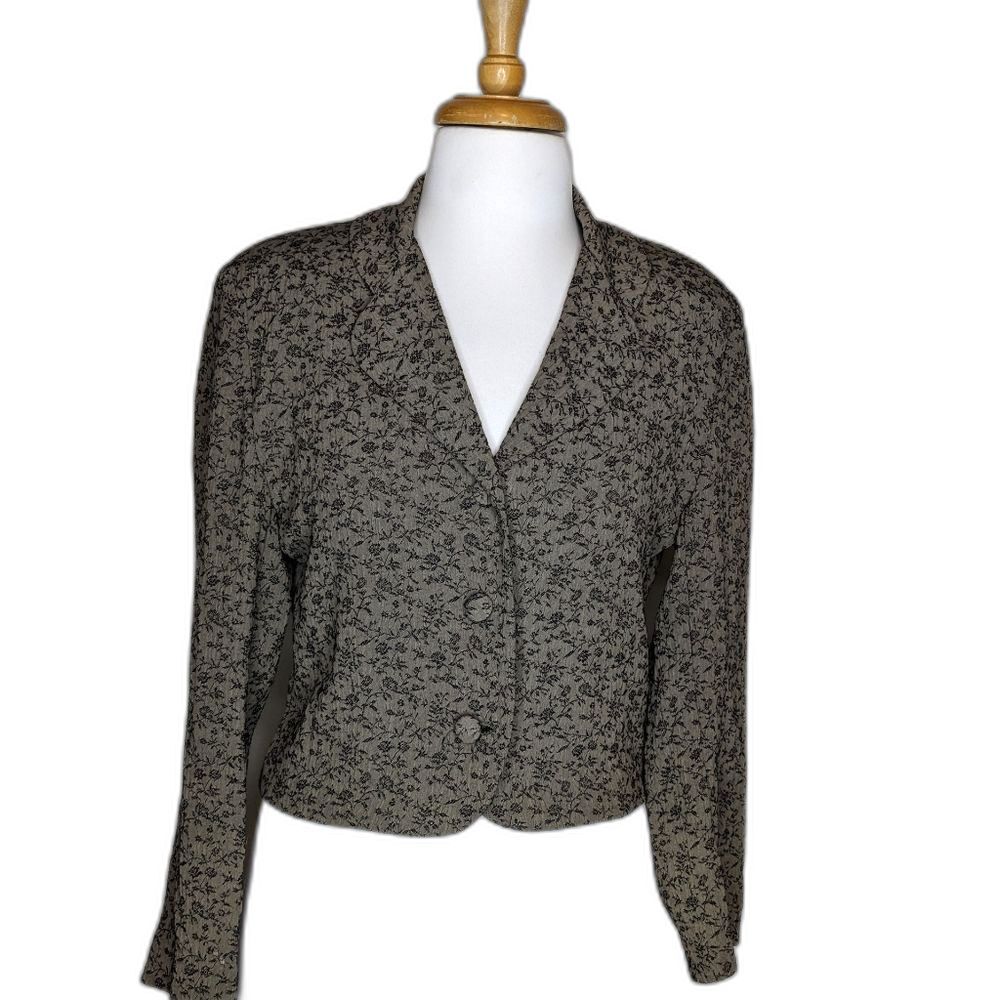 90s Floral Cropped Jacket Blazer Olive Green S Vintage Cottage